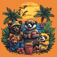 Sticker - A vibrant illustration of bears enjoying a tropical sunset with drinks and fruit.