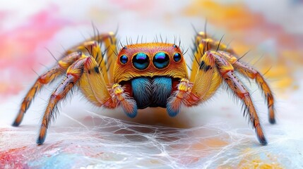 Cartoon spider spinning a web on a white background, playful and colorful