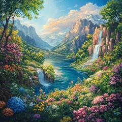 Canvas Print - A vibrant landscape featuring mountains, waterfalls, and colorful flowers under a bright sky.