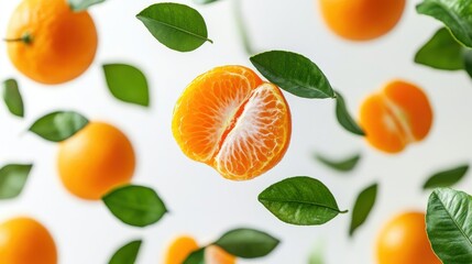 Clementine with half slices falling or floating in the air with green leaves isolated on a white background.