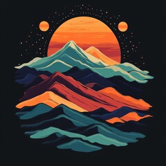 Sticker - A vibrant mountain landscape with a sunset and celestial bodies.