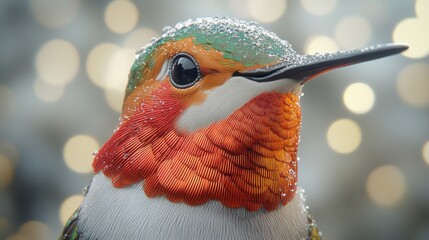 Wall Mural - Close-up of a hummingbirds beak and feathers on a white background