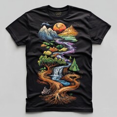 Sticker - A vibrant nature-themed t-shirt design featuring mountains, rivers, and trees.