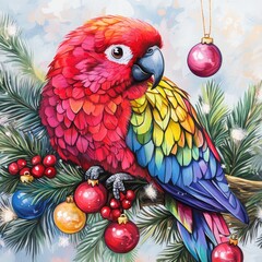 Wall Mural - A vibrant parrot perched on a festive branch adorned with ornaments.