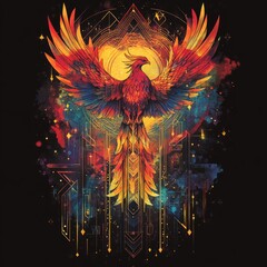 Sticker - A vibrant phoenix rising with colorful cosmic elements and geometric patterns.