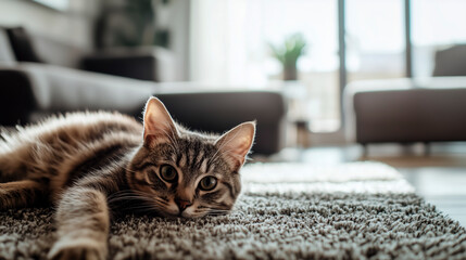 Tabby cat lying on soft carpet in bright living room, with its eyes wide open and ears perked up, exuding curiosity and comfort in cozy home setting