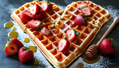 Decadent heart-shaped waffle topped with fresh strawberries and drizzled with golden honey