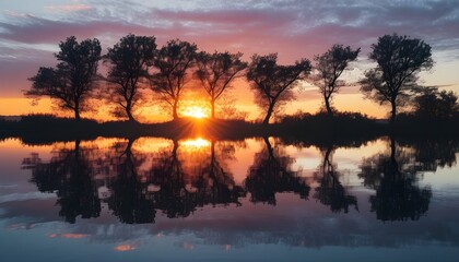 Tranquil tree silhouette reflecting on a serene lake during sunset