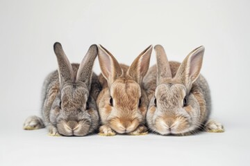 Wall Mural - Three domestic rabbits resting in a serene minimalist arrangement on a white background with soft studio lighting