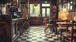 © TheseusStock - A nostalgic stock photo of a cozy coffee shop interior with retro decor, including checkered floors, vintage seating, and an old-fashioned coffee machine.