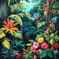 Canvas Print - A vibrant tropical jungle scene with colorful birds and lush plants.