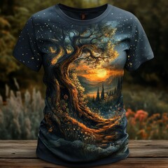 Wall Mural - A vibrant t-shirt design featuring a mystical tree and sunset landscape.