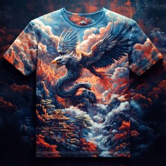 Sticker - A vibrant t-shirt design featuring a mythical phoenix amidst clouds and traditional architecture.