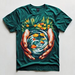 Sticker - A vibrant t-shirt design featuring hands holding a swirling water pattern with flowers.