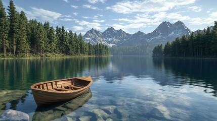 Poster - A serene wooden boat rests on crystal-clear water near a forested lake surrounded by majestic mountains at dawn