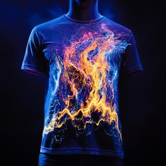 Sticker - A vibrant t-shirt featuring a dynamic abstract design in blue and orange colors.