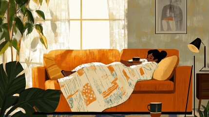 Wall Mural - A woman relaxes peacefully on a couch wrapped in a blanket during a cozy afternoon at home