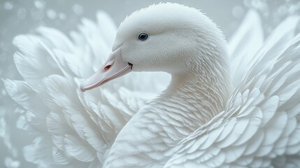 Wall Mural - Detailed close-up of a white ducks features with a focus on its feathers on a white background