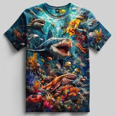 Wall Mural - A vibrant underwater scene featuring various marine life on a colorful t-shirt design.