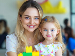 Developing Cognitive Skills: Preschool Teacher and Child Playing with Blocks