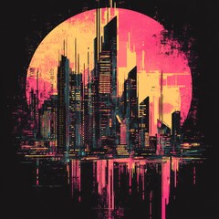 Wall Mural - A vibrant, abstract cityscape featuring futuristic skyscrapers against a large, colorful backdrop.