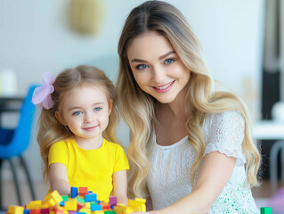 Preschool Teacher Engaging in Block Play with Child for Early Learning Development