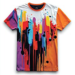 Wall Mural - A vibrant, abstract graphic t-shirt featuring colorful paint splashes and drips.