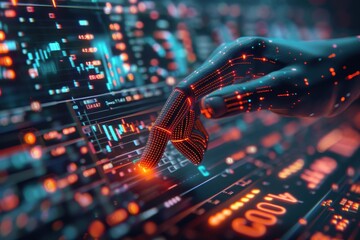 Poster - a hand is pointing at a computer screen with a lot of numbers and letters