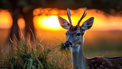 Serene Pampas deer grazing amidst golden hues of sunset