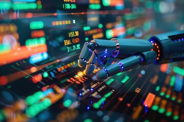 Wall Mural - a robot is touching a computer screen with a green and red background
