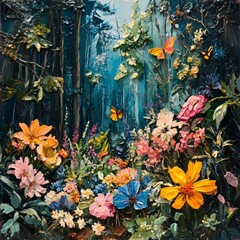 Wall Mural - A vibrant, colorful depiction of a lush forest filled with various flowers and butterflies.