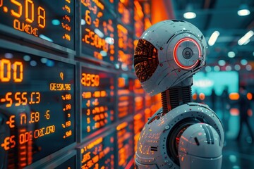 Wall Mural - a robot stands in front of a wall of stock tickers