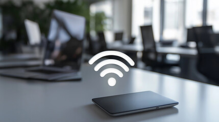 Aufkleber - Wifi symbol appearing over a tablet in a modern open space office