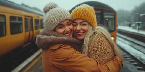 Two happy friends hugging at the train station in winter