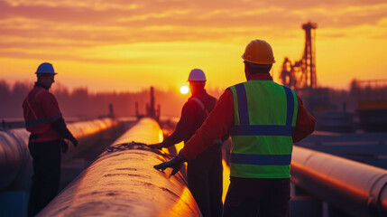 Industrial engineers inspecting pipeline at sunset