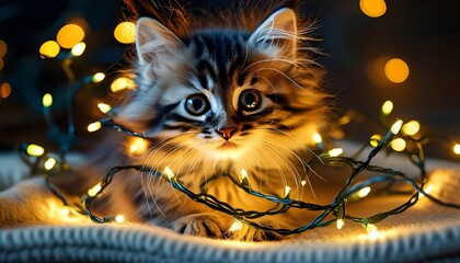 Adorable fluffy kitten playfully tangled in colorful Christmas lights