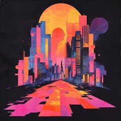 Wall Mural - A vibrant, futuristic cityscape with colorful skyscrapers and a radiant sun.