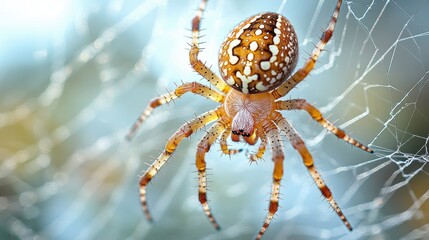 House spider sitting in a web on a white background, intricate patterns