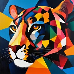 Sticker - A vibrant, geometric representation of a tiger's face showcasing colorful patterns.