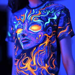 Wall Mural - A vibrant, glowing graphic t-shirt featuring a surreal face design under UV light.