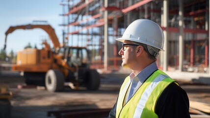 Architect in a hard hat and reflective vest, inspecting the structural integrity of a building on-site, heavy machinery in the background