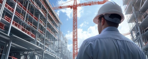 Male architect in a hard hat, inspecting the steel framework of a building under construction, detailed cranes and materials around, photo-realistic