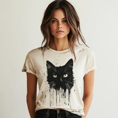 Canvas Print - A young woman poses in a casual tee featuring a black cat graphic.