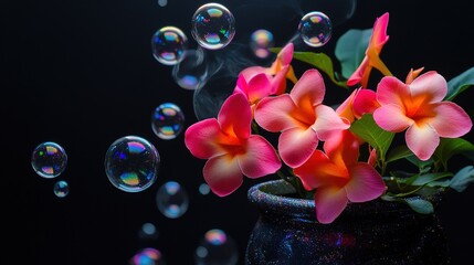 Wall Mural - Mandevilla Flowers in a Beautiful Pot Against a Black Background, Surrounded by Transparent Bubbles, Sparkles, and Glitter. A Stunning Display of Elegance and Magic