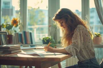 A young woman sketches at her desk in a modern apartment filled with natural light and minimalistic decor during the day