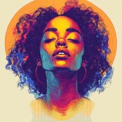 Sticker - A vibrant, stylized portrait of a woman with curly hair, radiating colorful energy.