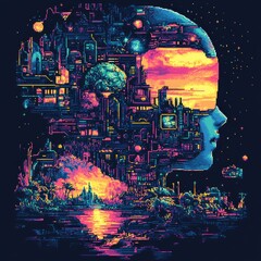 Poster - A vibrant, surreal depiction of a human head filled with a futuristic cityscape and nature.