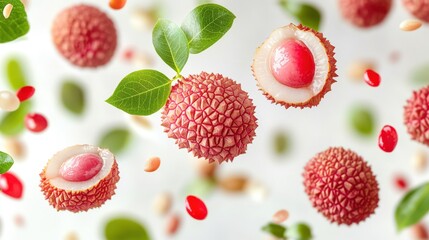 Lychee with half slices falling or floating in the air with green leaves isolated on a white background.