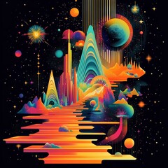 Wall Mural - A vibrant, surreal landscape featuring colorful mountains, planets, and cosmic elements.