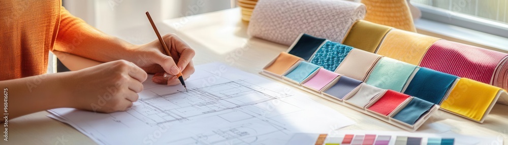 Designer s hands sketching on a blueprint with fabric samples and color ...